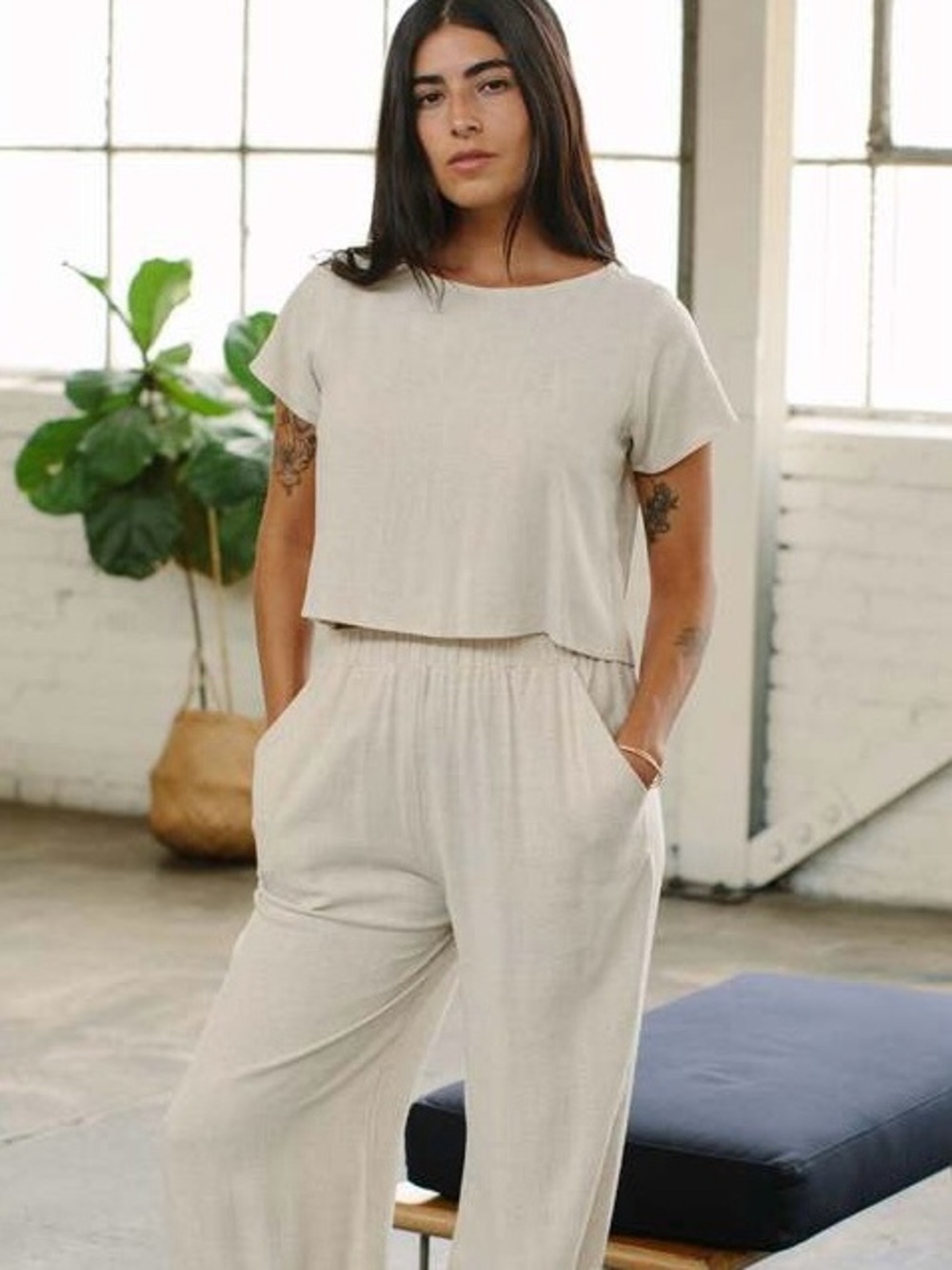 Rachel Pally 100% Linen Two Piece Crop Top Wide Leg Pants Set XL